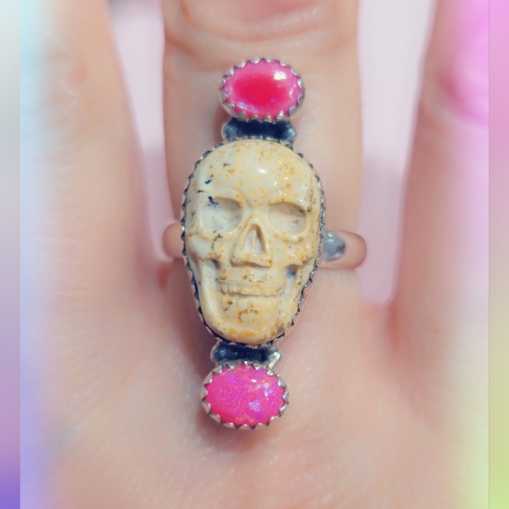 Opal & Jasper Skull Sterling Gemstone Ring - Picture 1 of 3